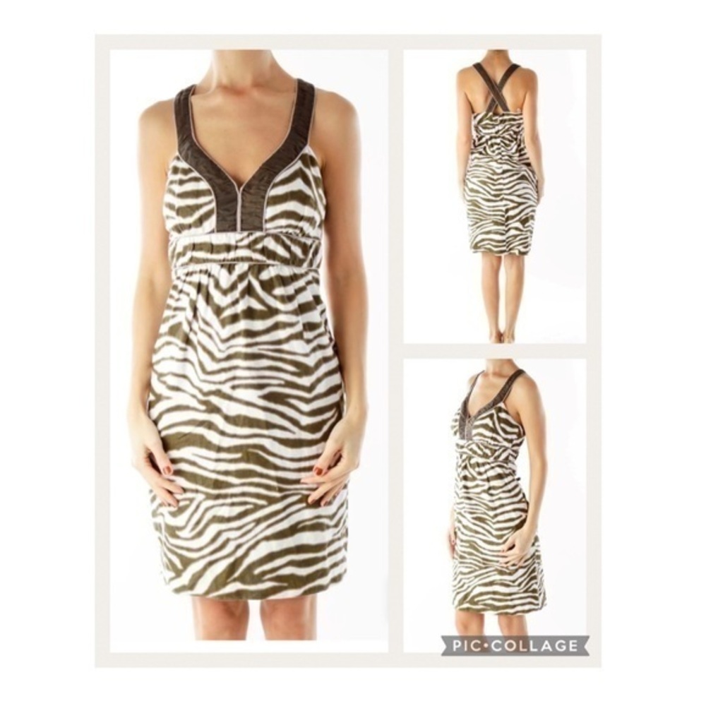 Banana Republic Olive & White Zebra Linen Criss Cross Back Dress 0P